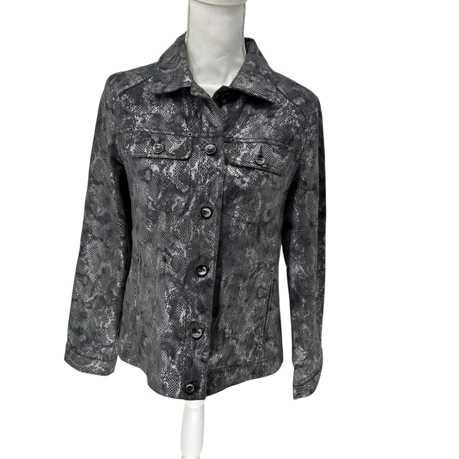 Chico's Gray Metallic Foil Snake Print Jacket Size 8